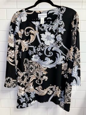 Alfred Dunner Black Baroque Floral 3/4 Sleeve Top Size L EUC